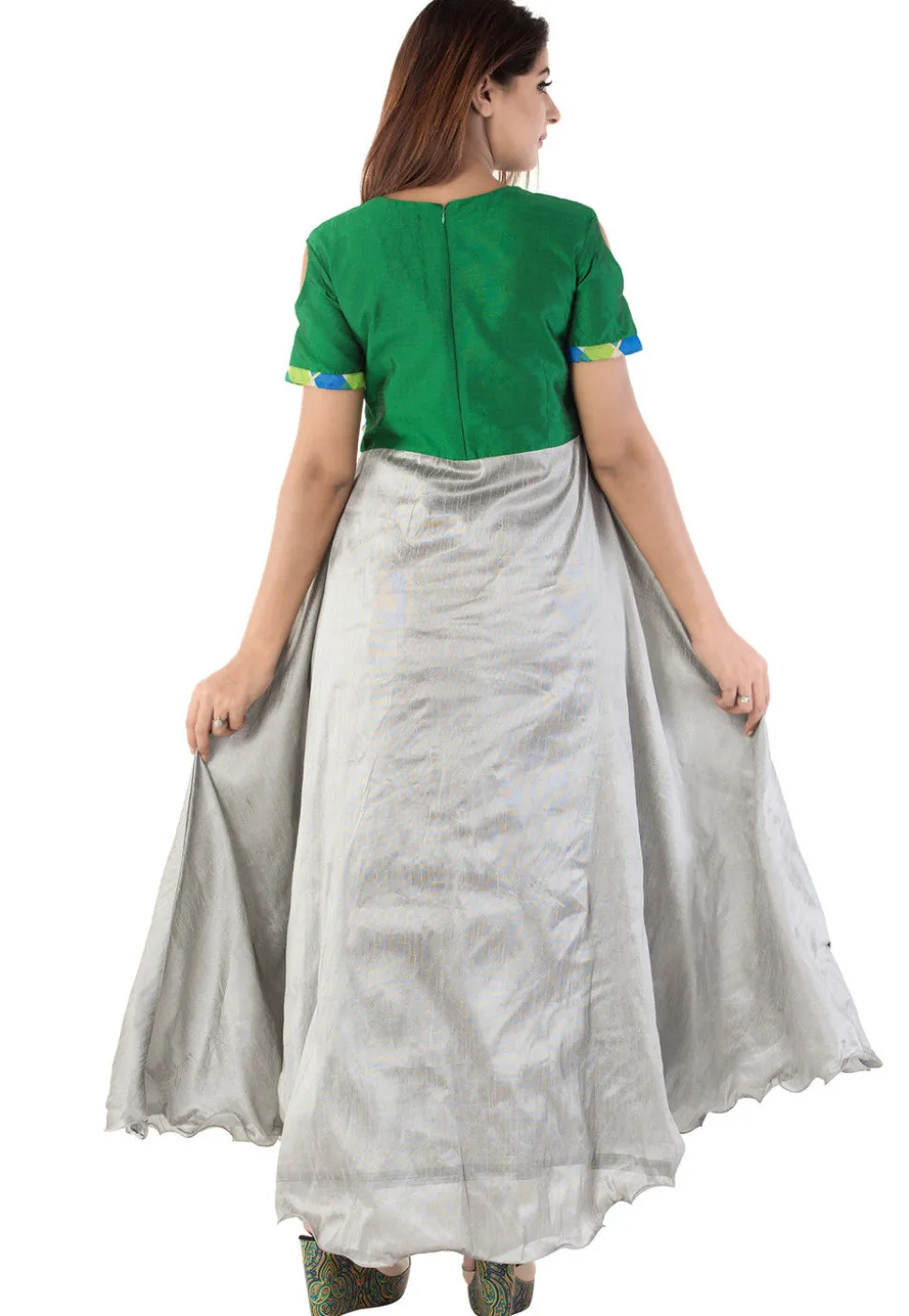 Printed Dupion Silk Abaya Style Suit in Grey and Multicolor
