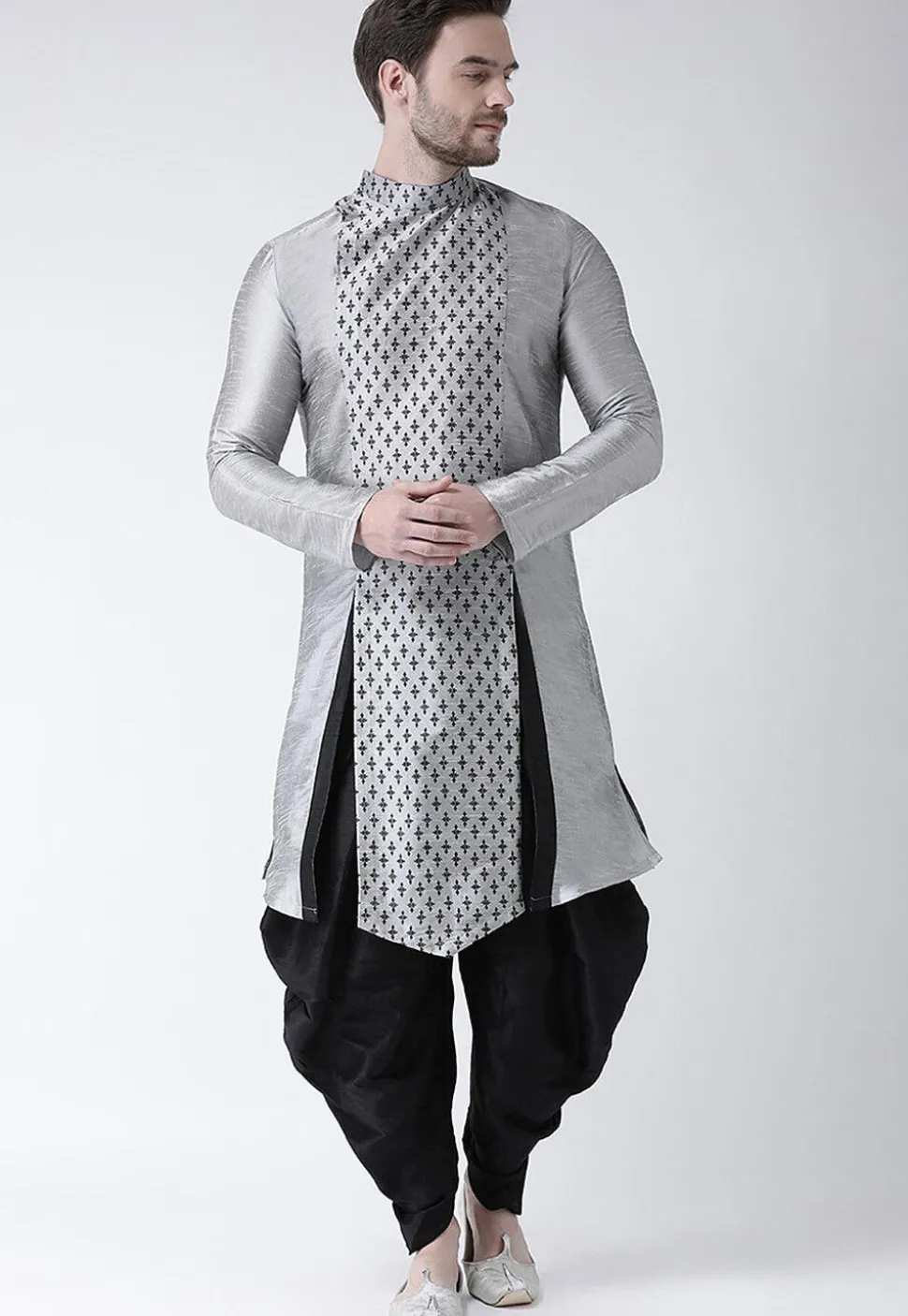 Printed Dupion Silk Asymmetric Kurta Set in Grey