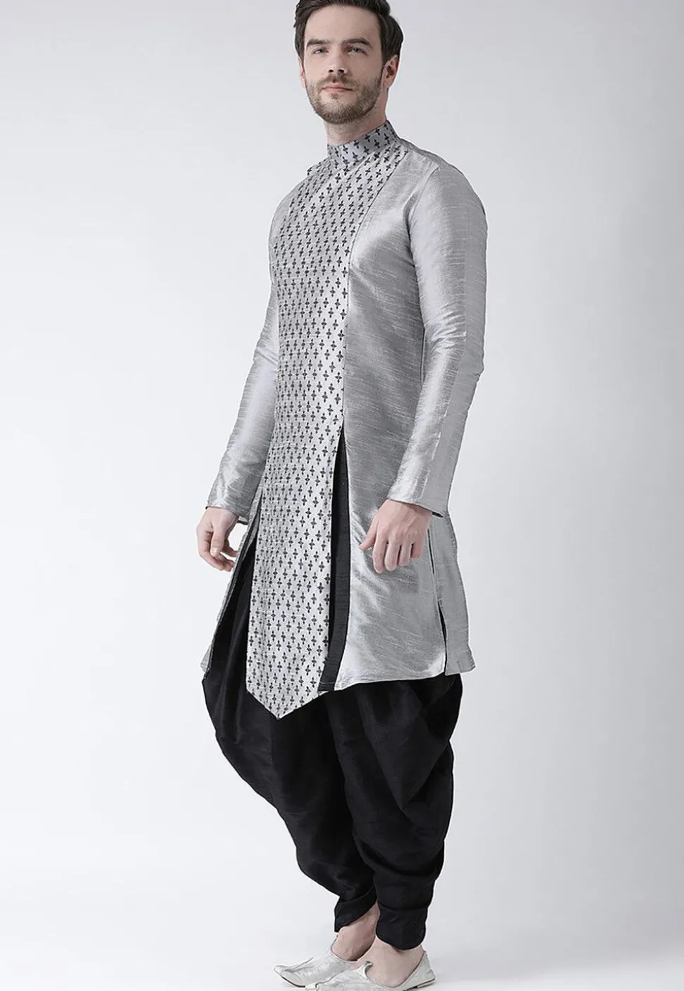 Printed Dupion Silk Asymmetric Kurta Set in Grey
