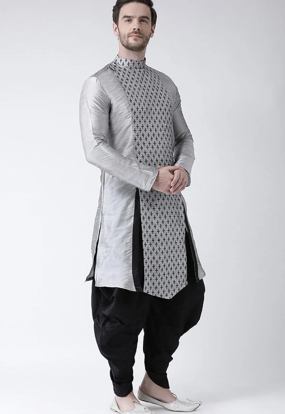Printed Dupion Silk Asymmetric Kurta Set in Grey