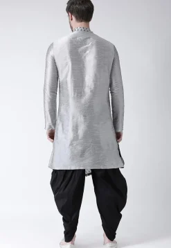 Printed Dupion Silk Asymmetric Kurta Set in Grey