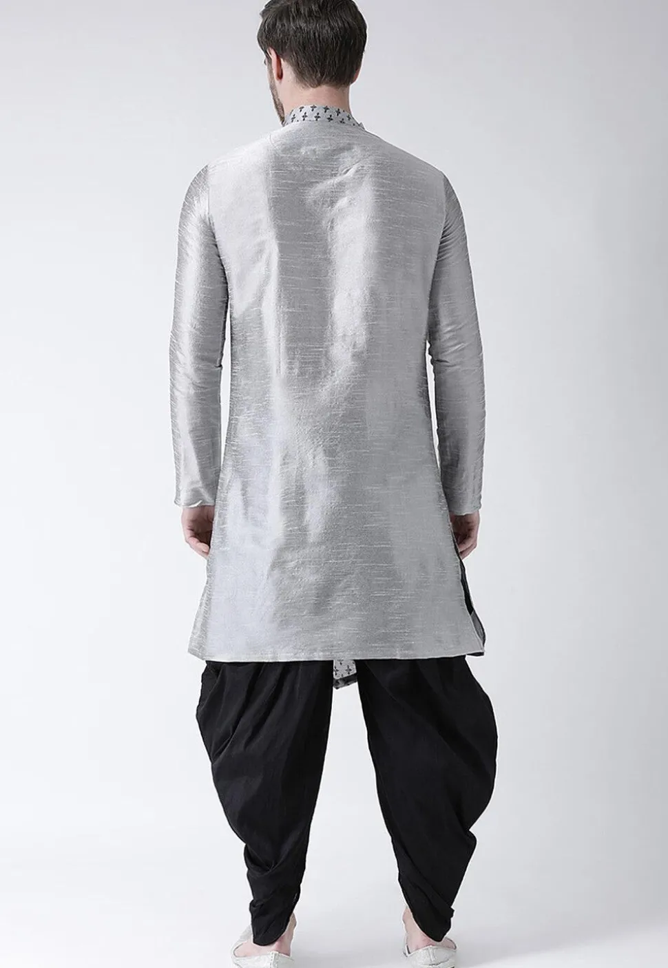 Printed Dupion Silk Asymmetric Kurta Set in Grey
