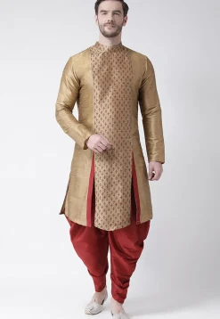 Printed Dupion Silk Asymmetric Kurta Set in Beige