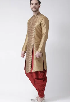 Printed Dupion Silk Asymmetric Kurta Set in Beige