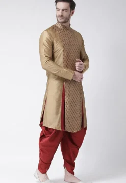 Printed Dupion Silk Asymmetric Kurta Set in Beige