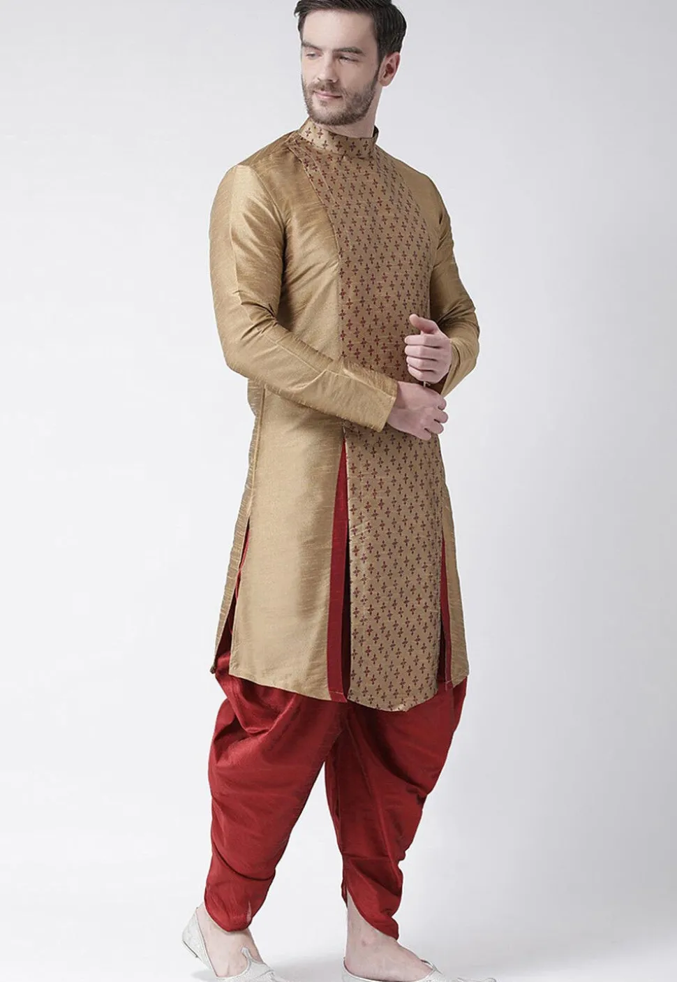 Printed Dupion Silk Asymmetric Kurta Set in Beige