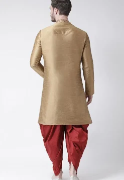 Printed Dupion Silk Asymmetric Kurta Set in Beige