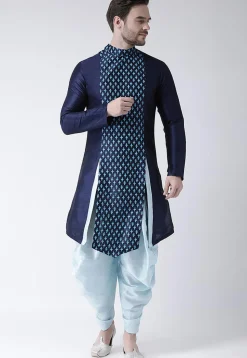 Printed Dupion Silk Asymmetric Kurta Set in Navy Blue