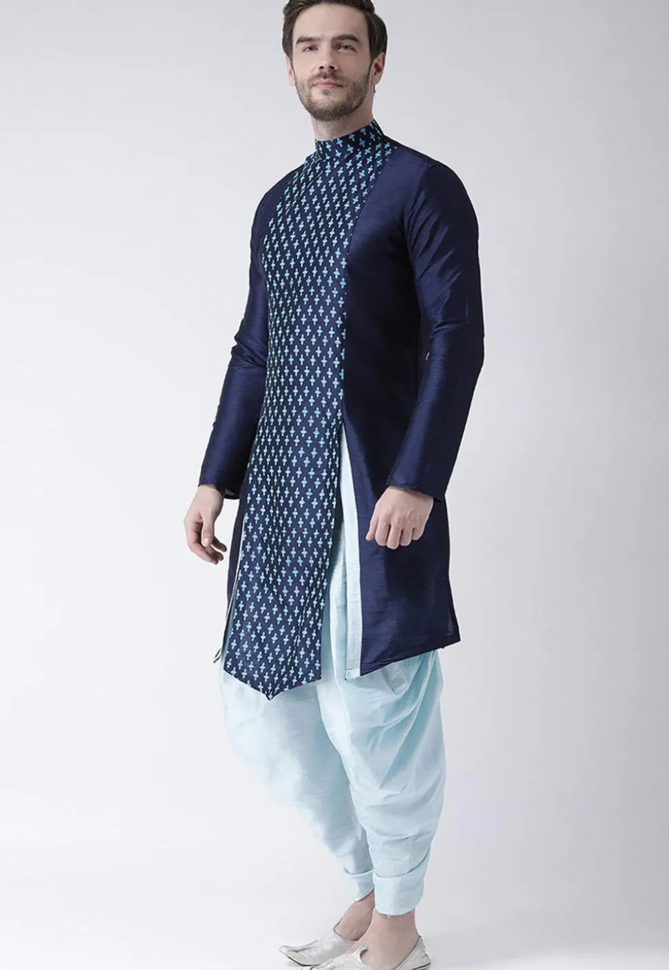 Printed Dupion Silk Asymmetric Kurta Set in Navy Blue
