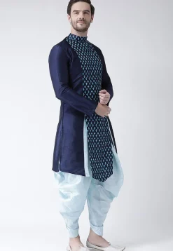 Printed Dupion Silk Asymmetric Kurta Set in Navy Blue