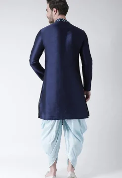 Printed Dupion Silk Asymmetric Kurta Set in Navy Blue