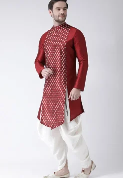 Printed Dupion Silk Asymmetric Kurta Set in Maroon