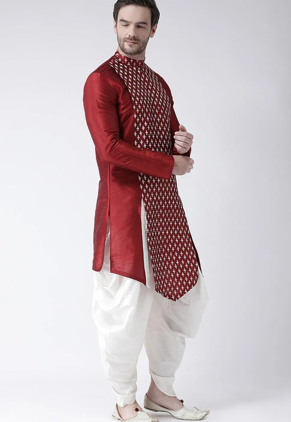 Printed Dupion Silk Asymmetric Kurta Set in Maroon