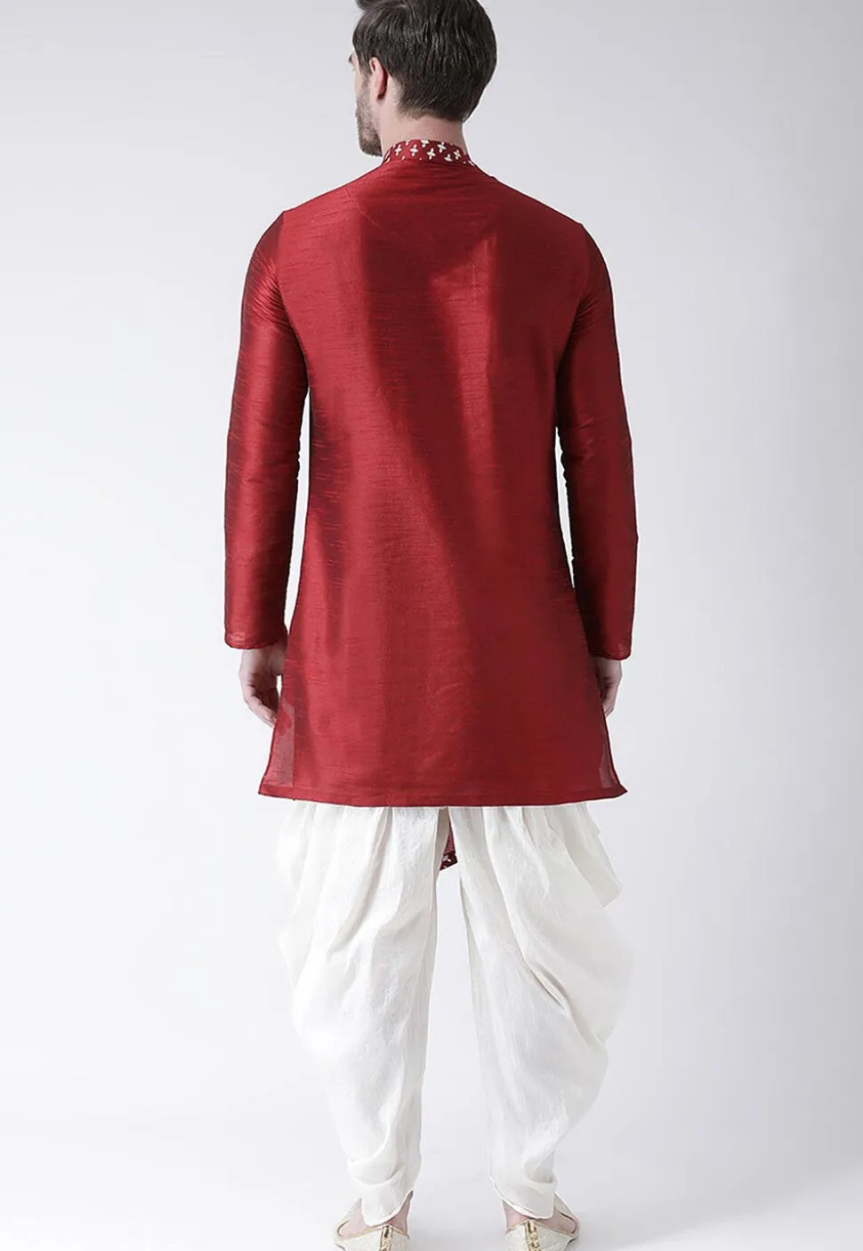 Printed Dupion Silk Asymmetric Kurta Set in Maroon
