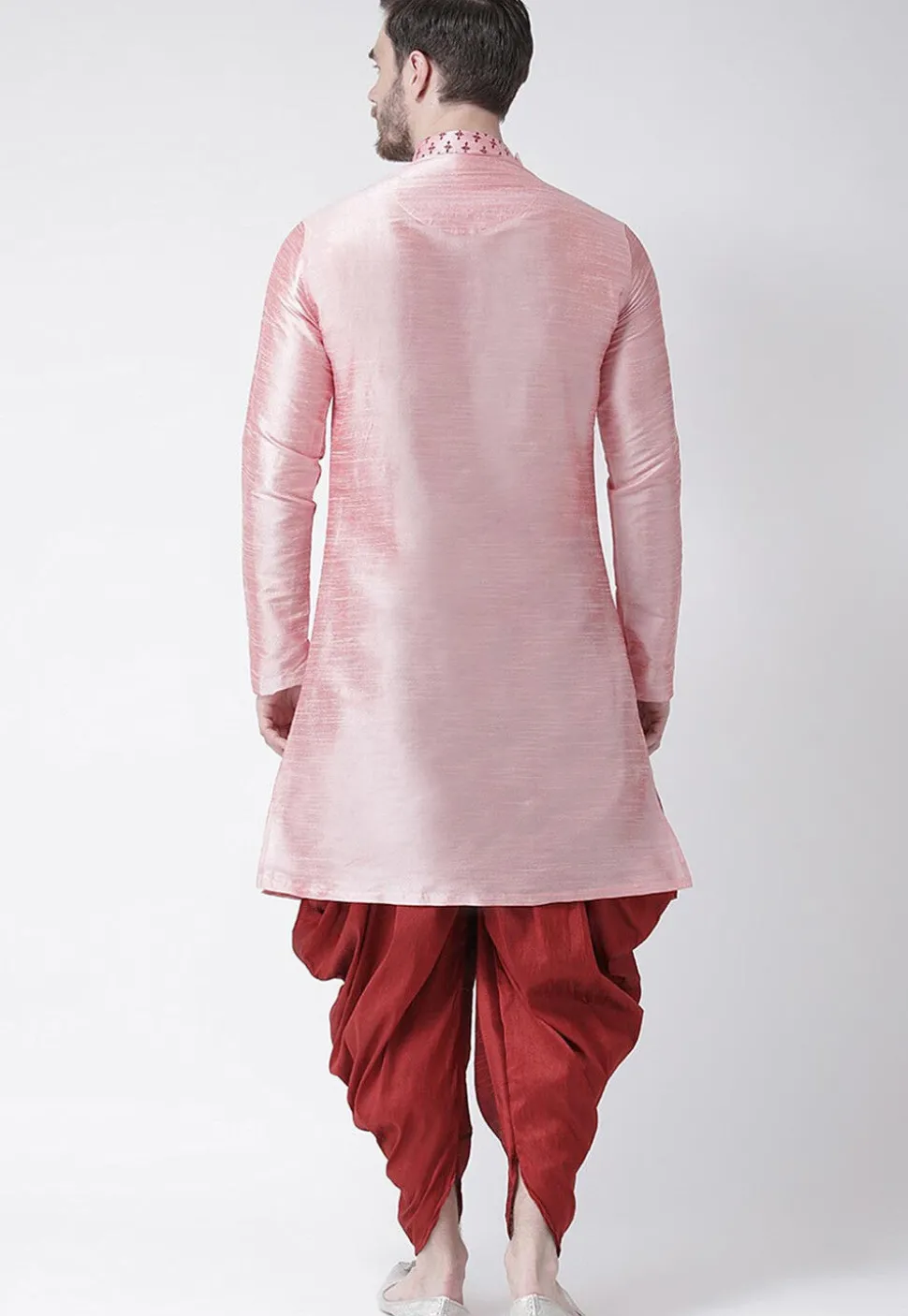Printed Dupion Silk Asymmetric Kurta Set in Pink