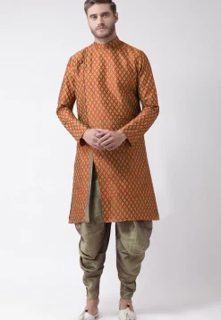 Printed Dupion Silk Dhoti Kurta in Rust