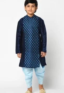 Printed Dupion Silk Dhoti Kurta in Navy Blue