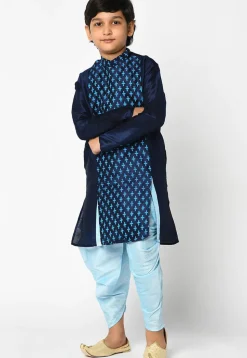 Printed Dupion Silk Dhoti Kurta in Navy Blue