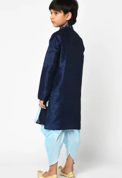 Printed Dupion Silk Dhoti Kurta in Navy Blue