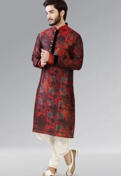 Printed Dupion Silk Dhoti Kurta in Red