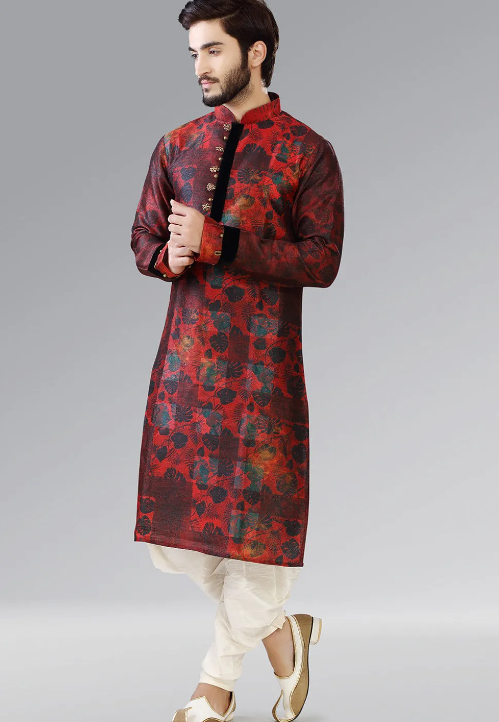 Printed Dupion Silk Dhoti Kurta in Red