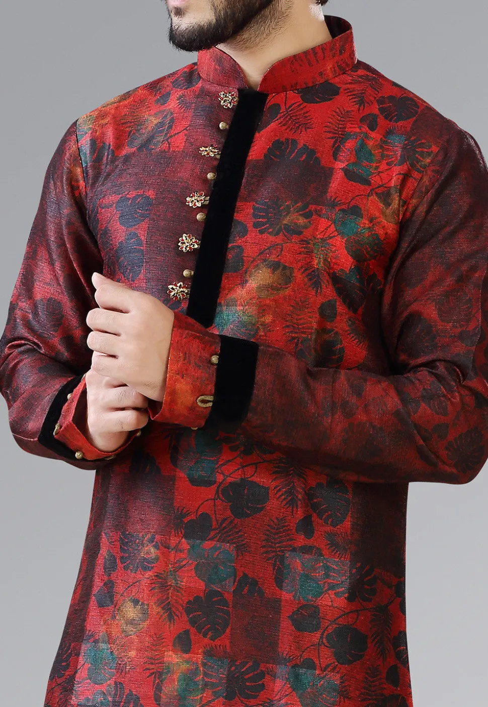 Printed Dupion Silk Dhoti Kurta in Red