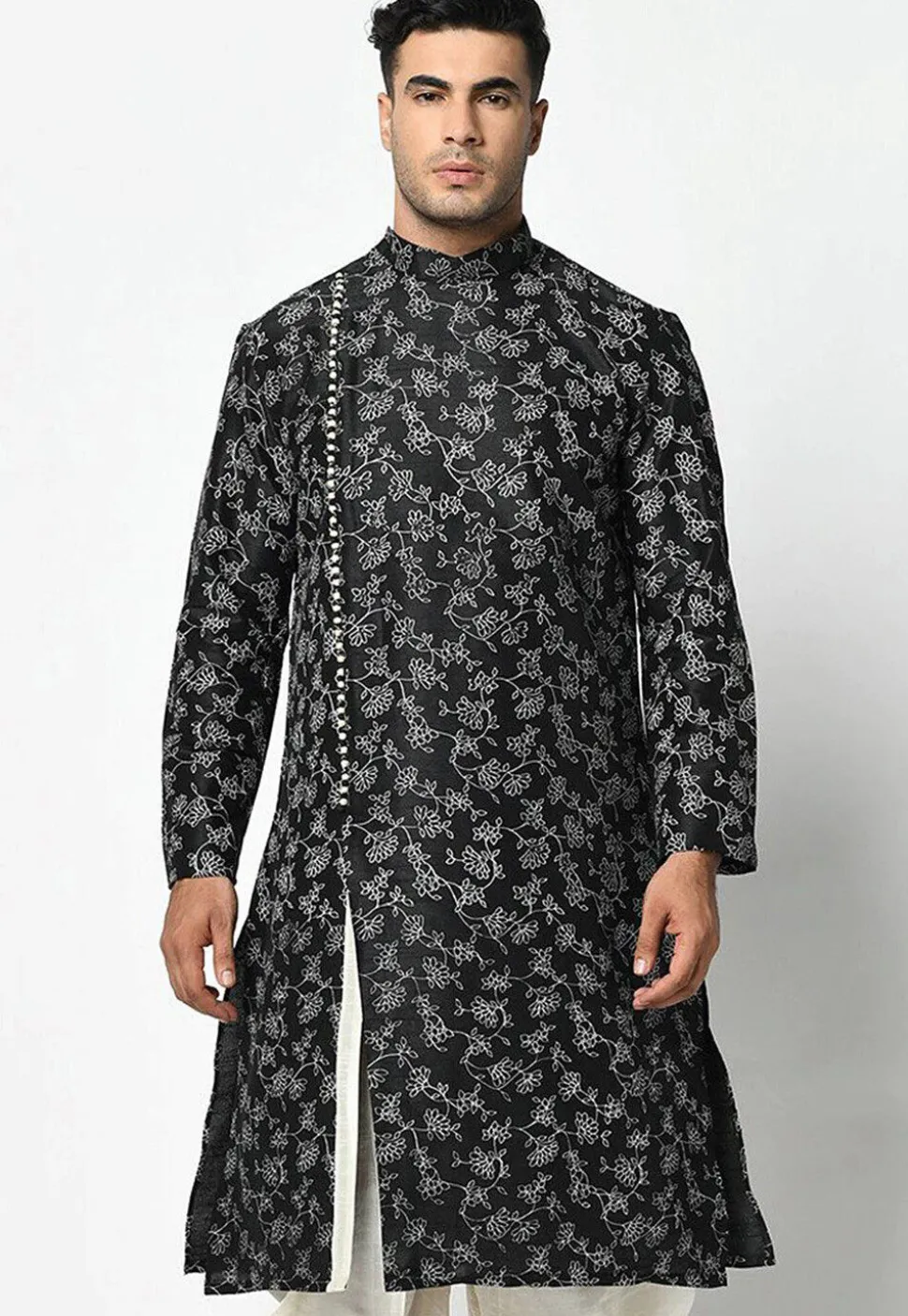 Printed Dupion Silk Kurta in Black