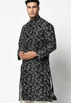 Printed Dupion Silk Kurta in Black
