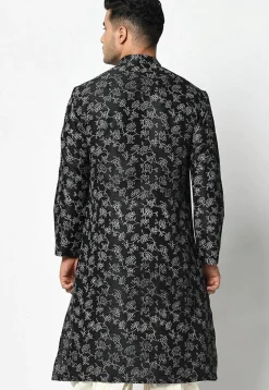 Printed Dupion Silk Kurta in Black