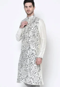 Printed Dupion Silk Kurta in White