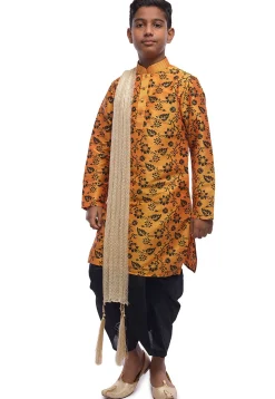 Printed Dupion Silk Kurta Dhoti Set in Mustard