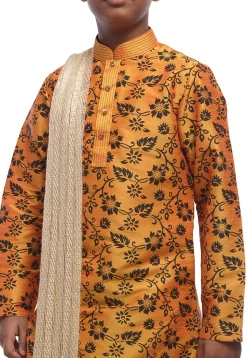 Printed Dupion Silk Kurta Dhoti Set in Mustard