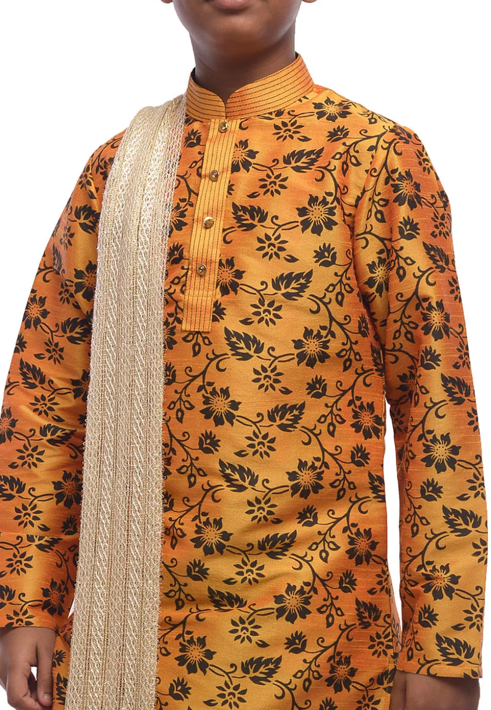Printed Dupion Silk Kurta Dhoti Set in Mustard
