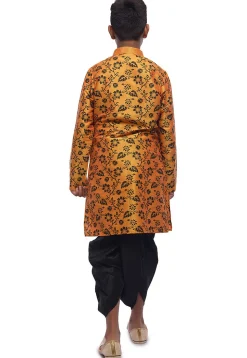 Printed Dupion Silk Kurta Dhoti Set in Mustard