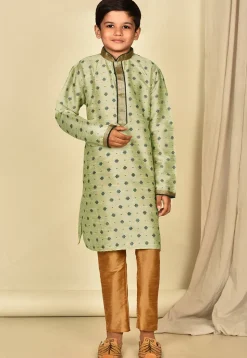 Printed Dupion Silk Kurta Set in Pastel Green