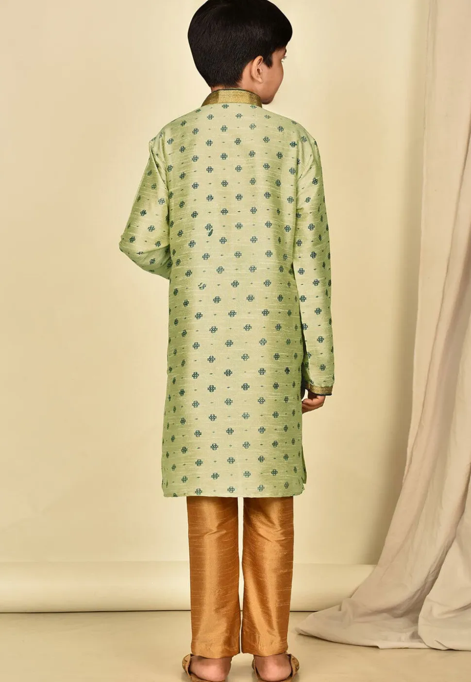Printed Dupion Silk Kurta Set in Pastel Green