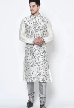 Printed Dupion Silk Kurta Set in White