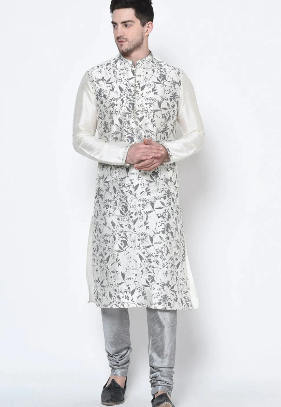 Printed Dupion Silk Kurta Set in White