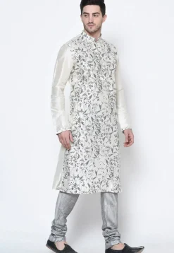Printed Dupion Silk Kurta Set in White