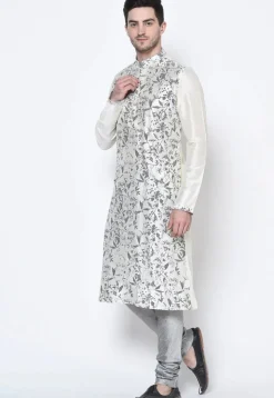 Printed Dupion Silk Kurta Set in White