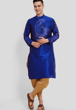 Printed Dupion Silk Kurta Set in Royal Blue