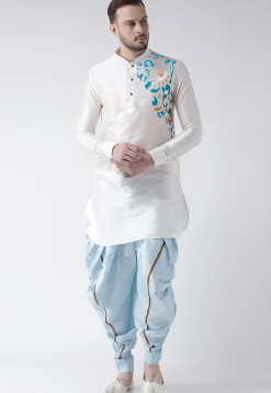 Printed Dupion Silk Kurta Set in White