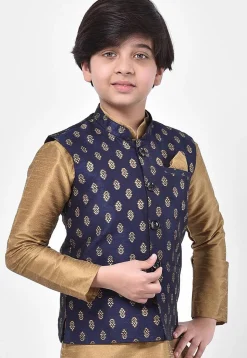 Printed Dupion Silk Nehru Jacket in Navy Blue