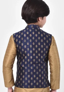 Printed Dupion Silk Nehru Jacket in Navy Blue