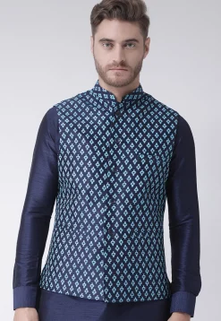 Printed Dupion Silk Nehru Jacket in Navy Blue