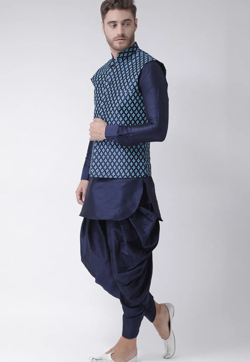 Printed Dupion Silk Nehru Jacket in Navy Blue