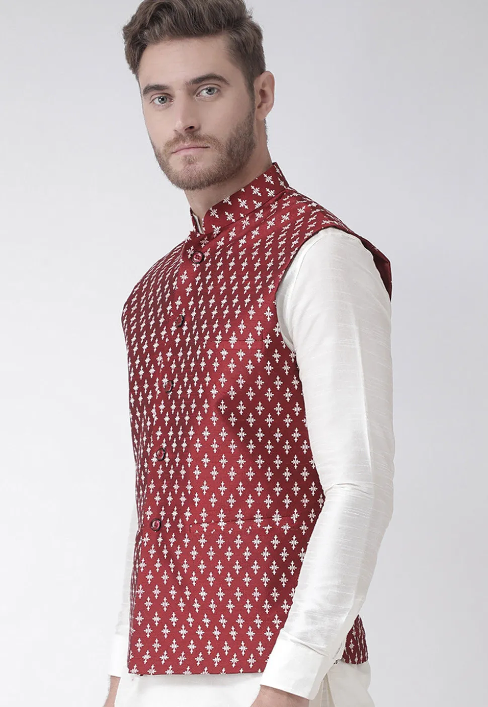 Printed Dupion Silk Nehru Jacket in Maroon