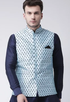 Printed Dupion Silk Nehru Jacket in Light Blue