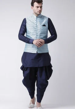 Printed Dupion Silk Nehru Jacket in Light Blue