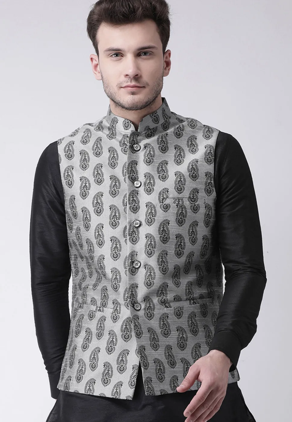 Printed Dupion Silk Nehru Jacket in Light Grey
